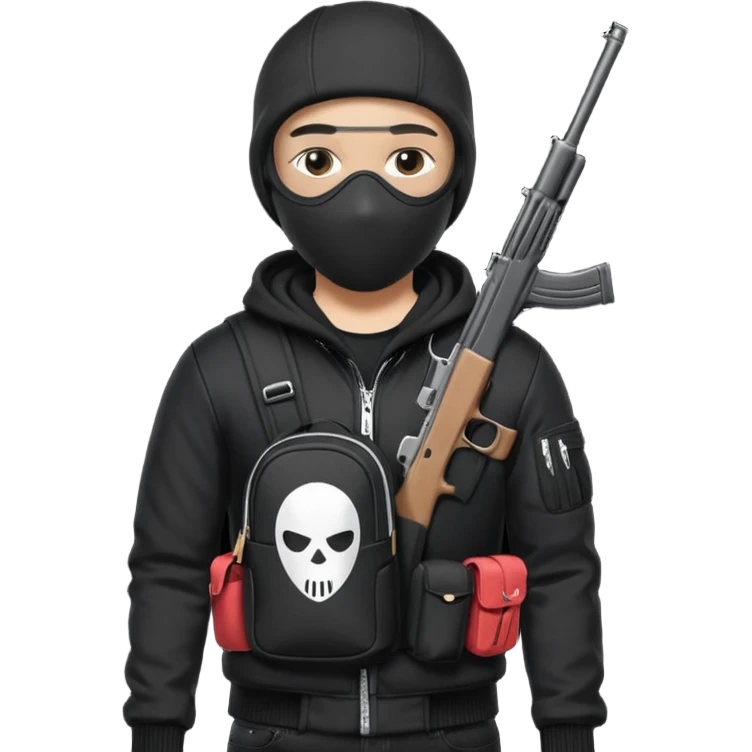 YN wearing a ski mask, holding a gun, all black fit, black jeans, Sprayground bookbag, confident stance emoji