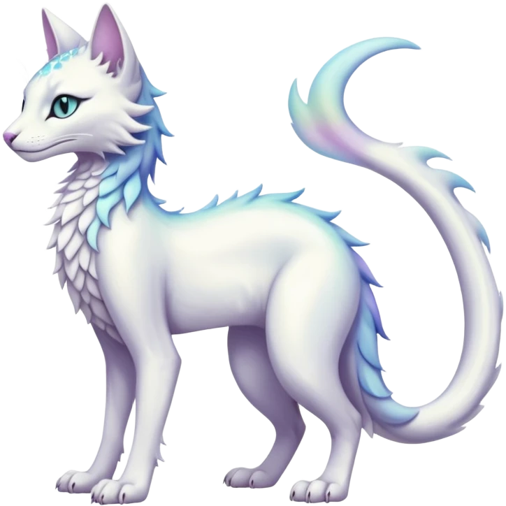 Kawaii white pastel iridescent beautiful pretty elegant divine edgy fantasy feline-vernid-sergal-fursona animal creature with a tufted tail full body with intricate markings  emoji