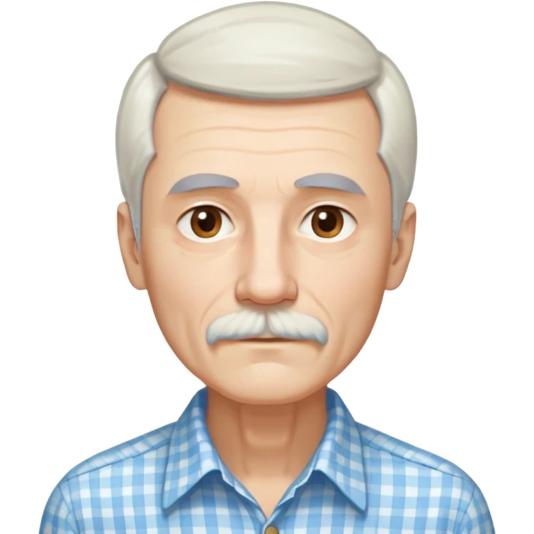 Skinny man in his 70s with fair skin. Long narrow face. Gentle light brown eyes. Fine straight white hair with light bangs touching eyebrows. Thin eyebrows. White goatee connected to mustache. Slender appearance. Wearing a light blue and beige checkered button-up shirt. emoji