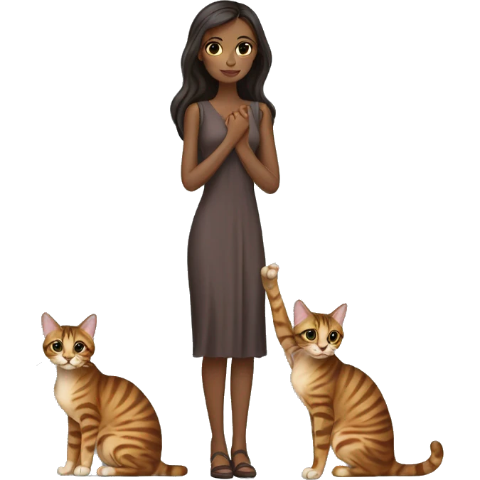 Beautiful skinny woman long dark brown hair in dress hug bengal cat emoji