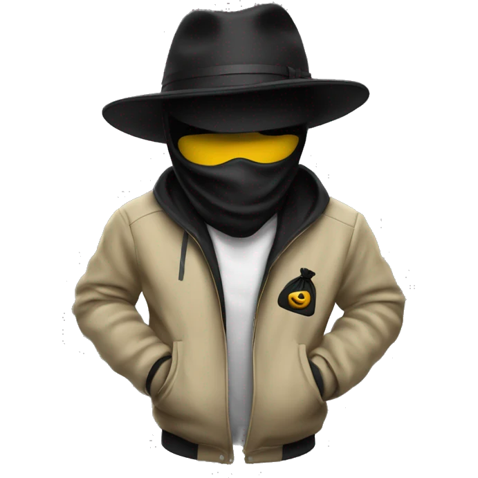 person whit a blak mask tht only covers his eyes and a white and black lined jacket and a black hat and money bag emoji