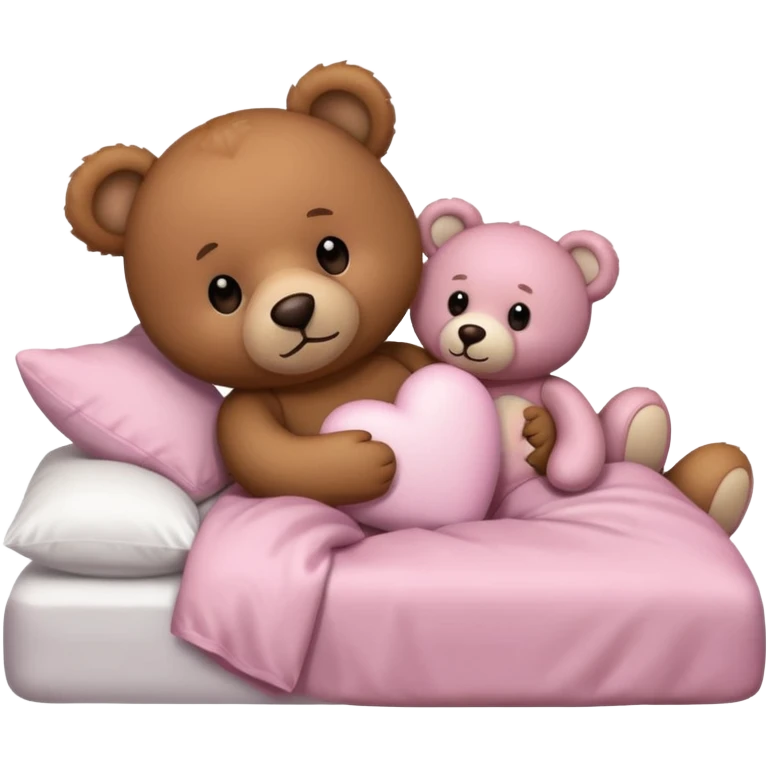 Brown teddy bear laying with a light pink teddy bear in bed emoji