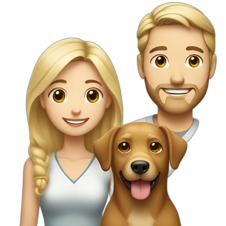 Blonde Jewish man and Chinese girl with brown dog smiling emoji