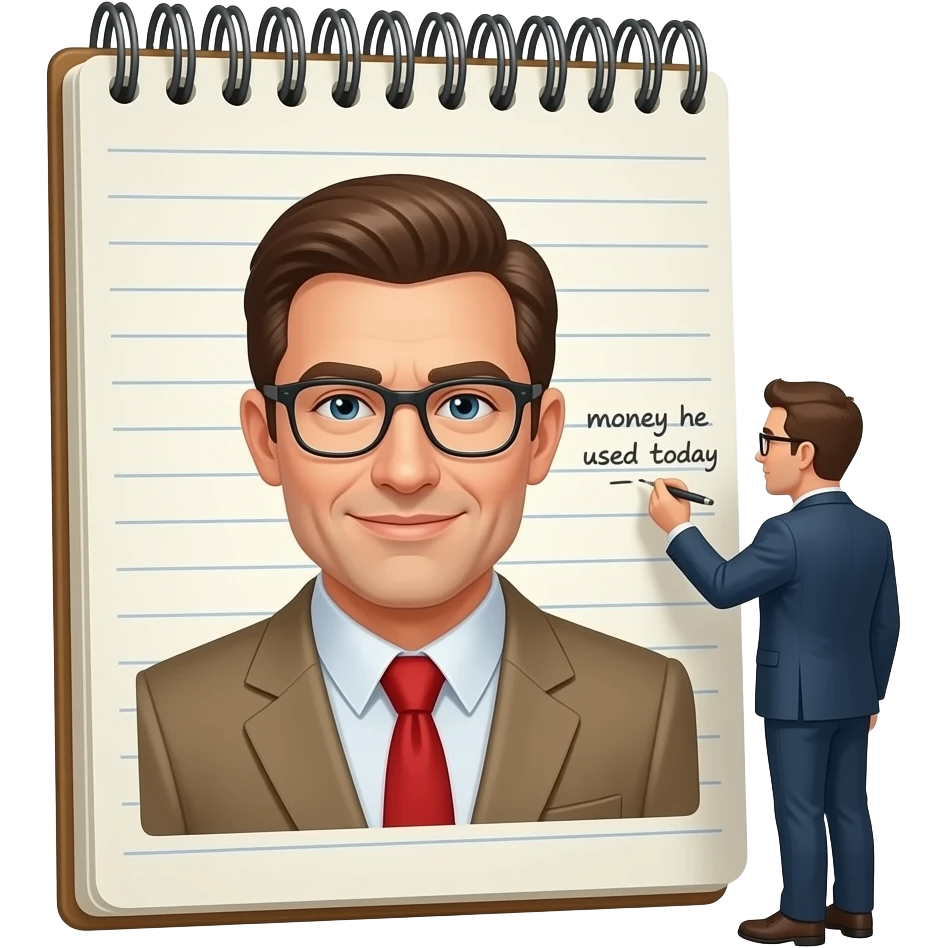 giant notebook with man writing the money he used today emoji