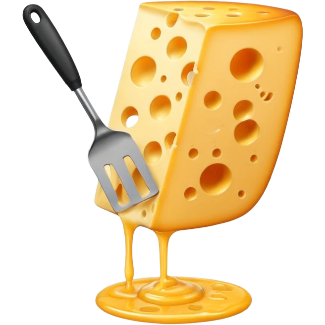 a half vertical  wheel of cheese being scraped with a metal spatula, melted cheese flowing, warm golden colors, modern emoji style, clean outlines, transparent background emoji