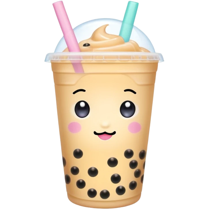 cute bubble tea character with sparkly eyes, glossy effect, pastel palette, bold outline, transparent background, kawaii aesthetic emoji