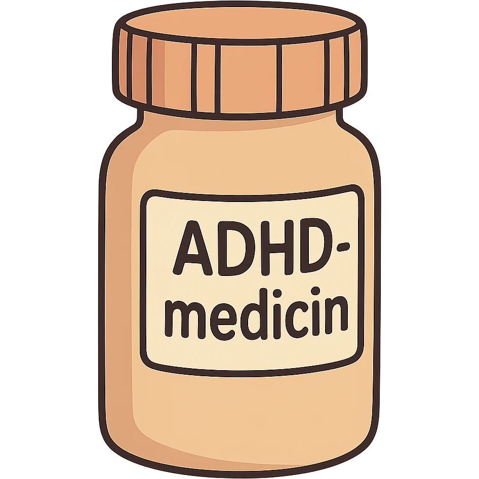cartoon style pill bottle labeled 'ADHD-medicin', no face, arms, or legs emoji
