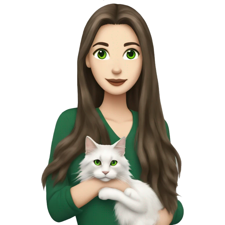 White brunette long hair woman with green eyes holding a Maine coon cat ￼ emoji