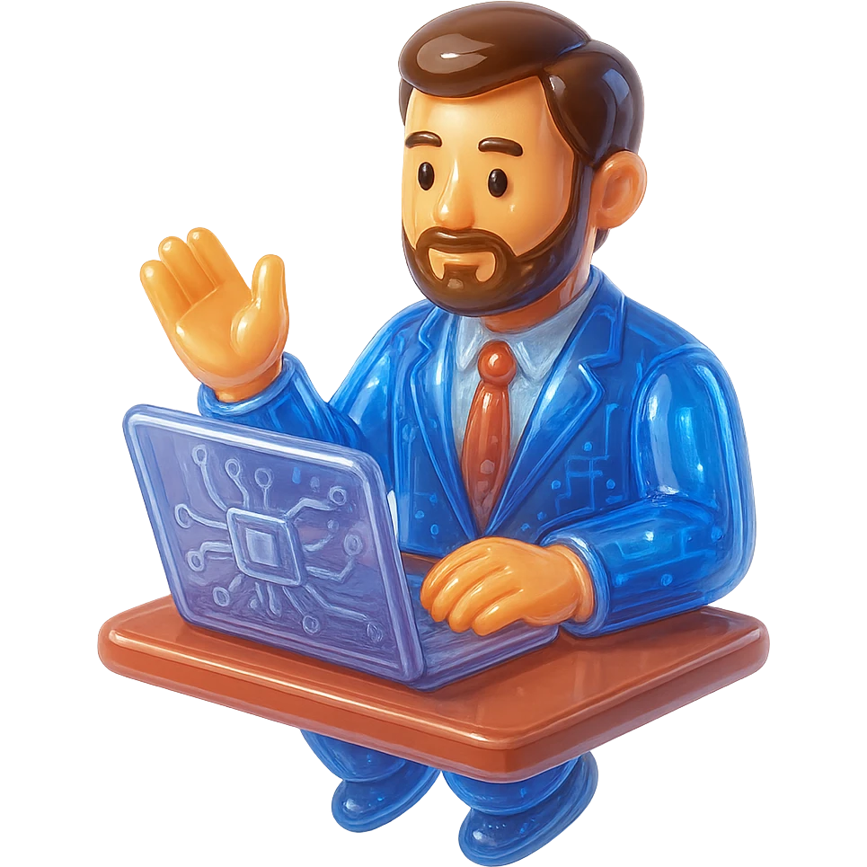 A 35-year-old male business coach sitting at a table with a laptop emoji