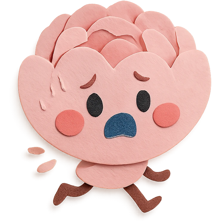 round chibi pastel pink peony flower with blushing cheeks and a panicked expression, rushing with tiny legs, paper craft style emoji