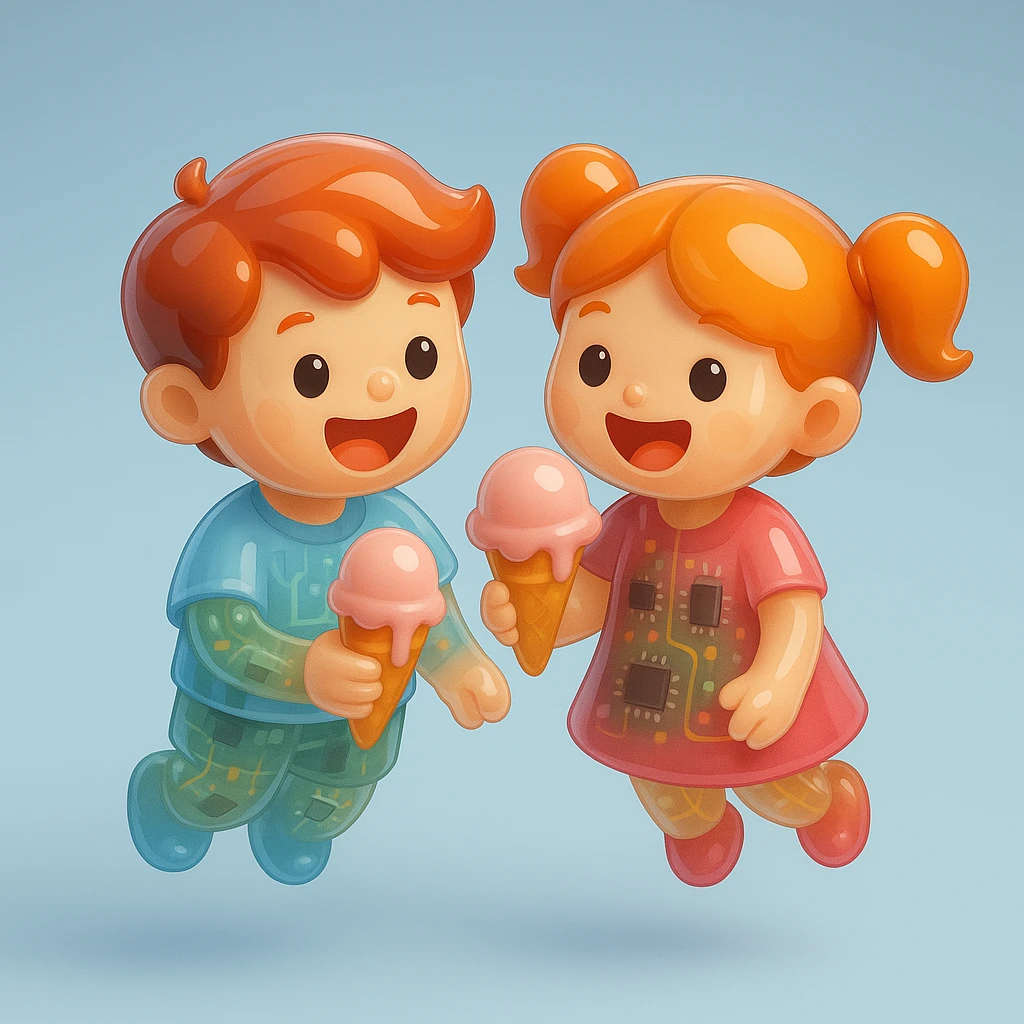 happy children with melting ice cream cones emoji