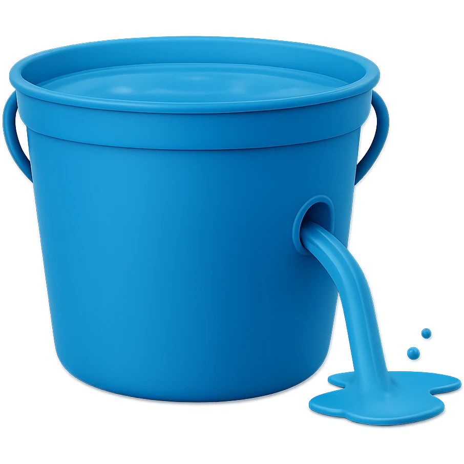 Remove the top stream of water entering the bucket, but keep the water inside the bucket and the water coming out of the hole. Maintain the transparent background. The style should remain consistent with the original image. emoji