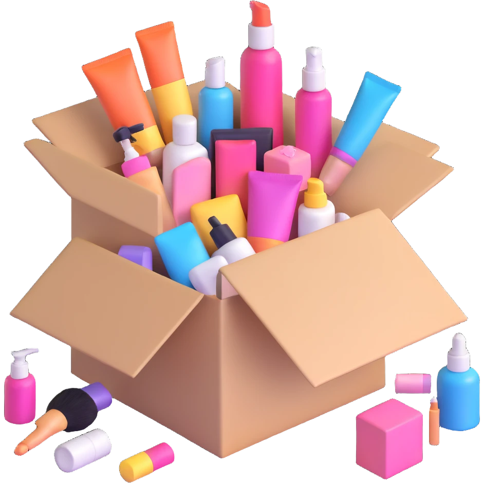 an opened box with assorted beauty items emoji