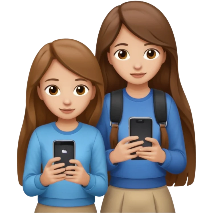 two brown haired girls, looking professional maybe leaned on each others back and looking forward and using phones, with long hair and with some cute clothes without ties, one girl can hold lap top another one can hold the phone emoji