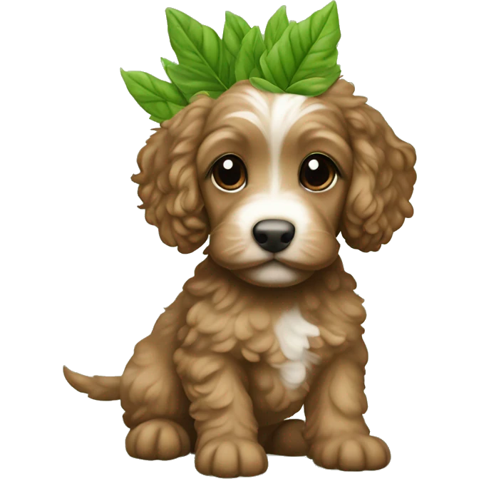 Baby brown cockapoo with leafs on head emoji