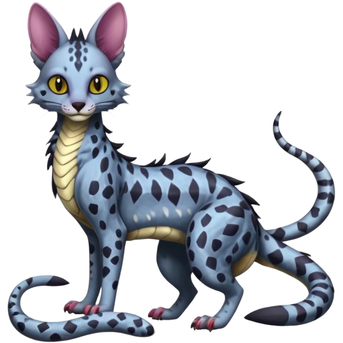 Flurry furry colorful dark edgy gloomy dusky scaly sergal-serval-possum-sphynx-Koi-sergal-fusion-animal-hybrid-creature with a snake-tail emoji