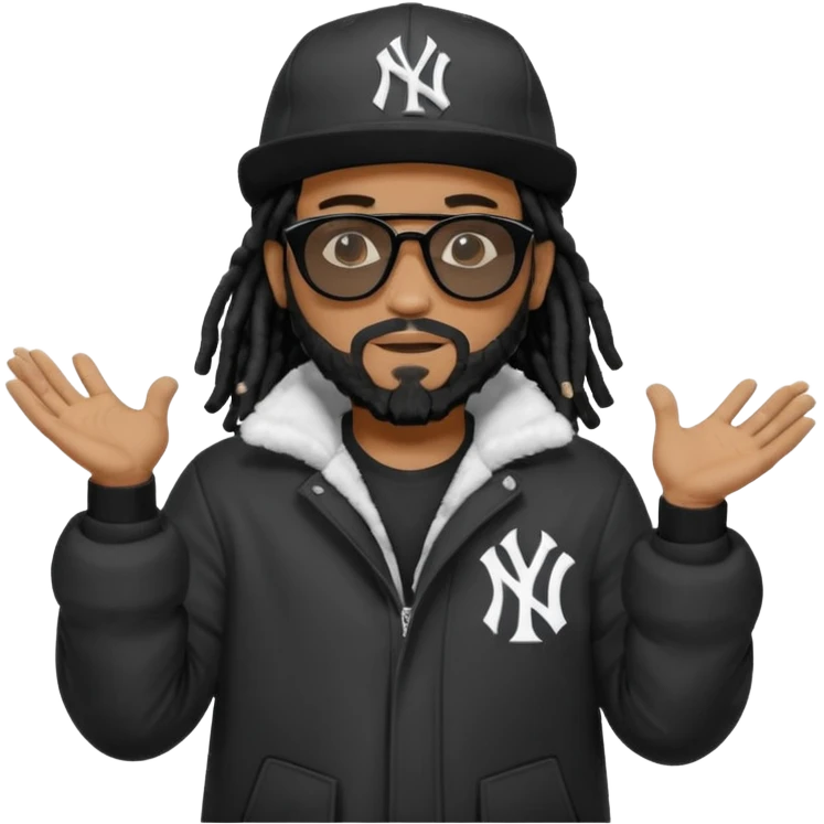 African American man with shoulder length black dreadlocks with black beard wearing black sunglasses wearing a black bubble winter coat wearing a New York Yankees baseball hat with his hands out emoji