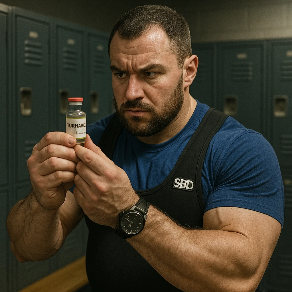 European powerlifter in competition clothing in a locker room, handling a vial labeled 'TURINABOL', suspicious expression, secretive atmosphere, realistic details, visible watch, locker room background emoji