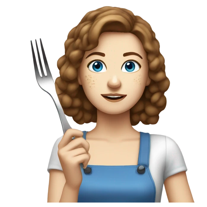 White girl Brown hair blue eyes freackles eating Tofu salad with fork emoji