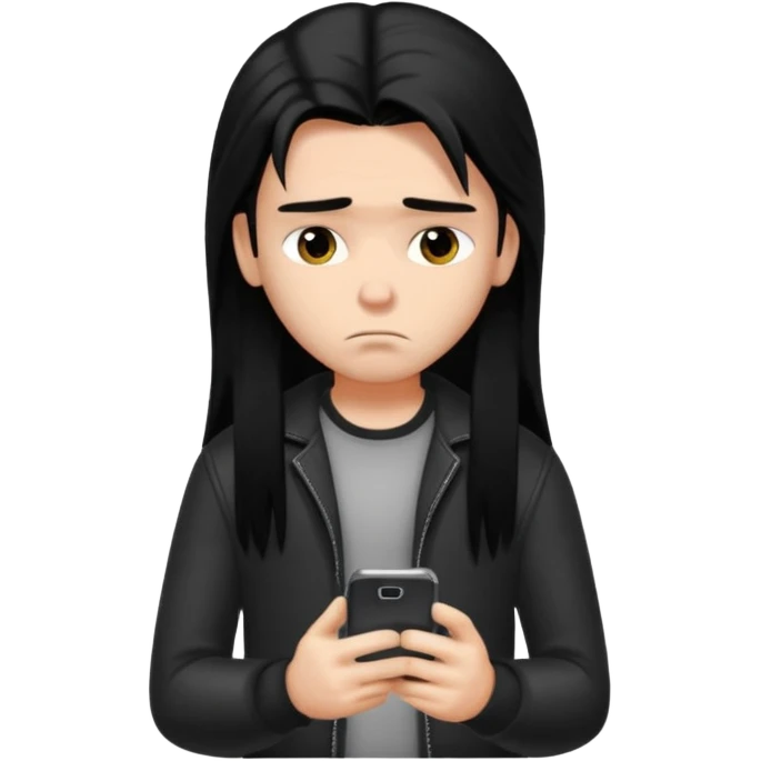 a PRETTY BRATZ boy with black long hair , using his phone and looking sad emoji