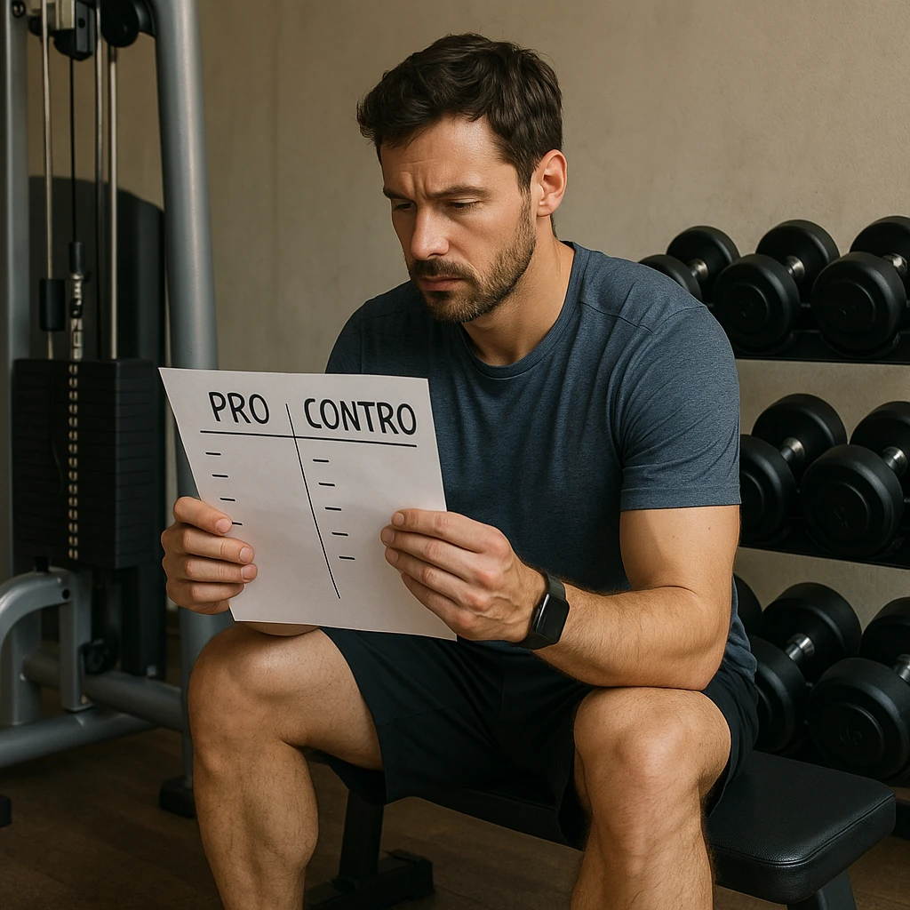 Realistic detailed scene of a man in sportswear sitting on a bench between an isotonic machine and a free weights rack, looking at a list of pros and cons written in Italian, atmosphere of choice, 4K quality. emoji