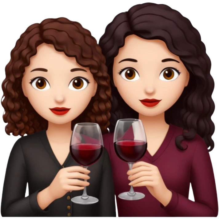 a girl with brown curls and a girl with black straight hair both drinking red wine emoji