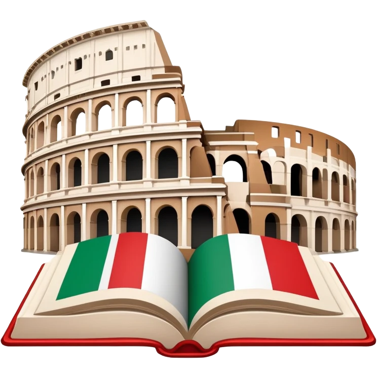 An icon featuring the Colosseum and the flag of Italy, symbolizing the Italian language. The design includes an open book with Italian phrases, representing language learning and cultural heritage. Transparent background emoji