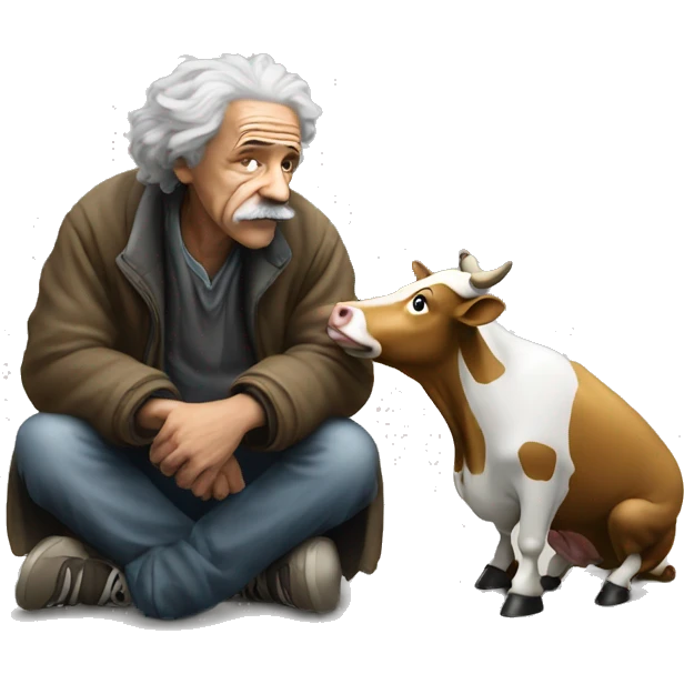 homeless begging son of einstein and cow emoji