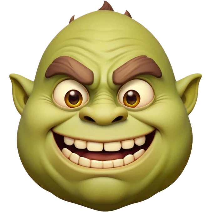 Cinematic Comical Ogre Portrait Emoji, with a strikingly exaggerated, bulky figure in vivid earthy greens and browns, head tilted in a dramatically surprised expression with wide, comically bulging eyes and a goofy, oversized grin, simplified yet hilariously exaggerated, highly detailed with a soft, cartoonish glowing outline capturing the playful absurdity of a meme-worthy ogre! emoji