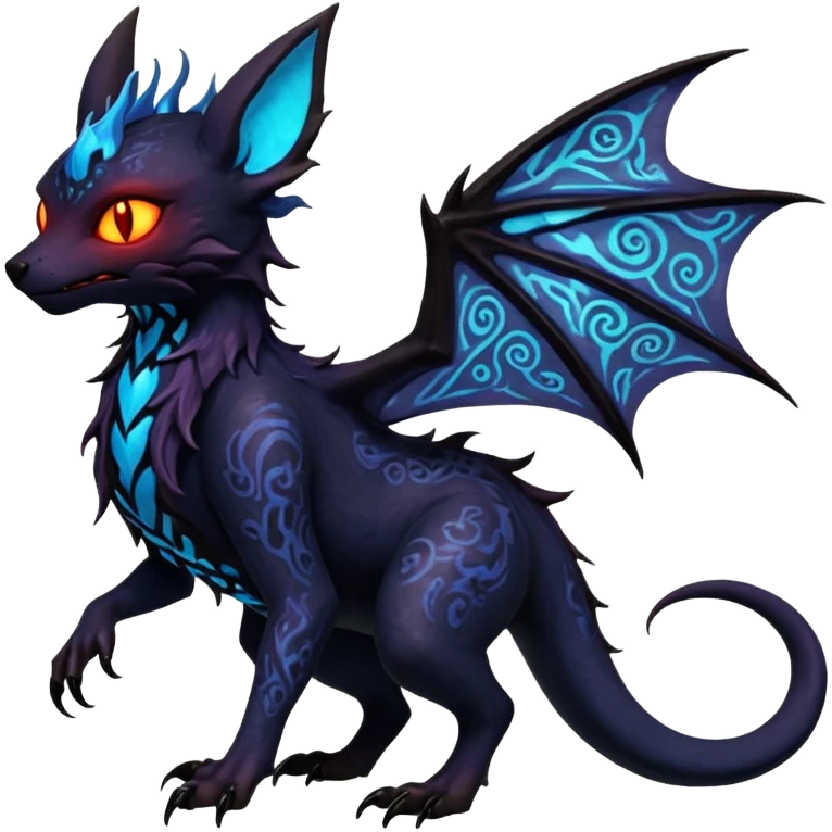 Shiny Fiery Dark Ugly Evil Realistic Glowing Eldritch Horror Cool Edgy Badass Emo Demonic Batty Dusky Ethereal Punky Aural Bioluminescent Hideous Canine-Litten-Amaura-Salandit-Noibat-Flareon-Fakémon-fusion (full body) with intricate pattern markings emoji