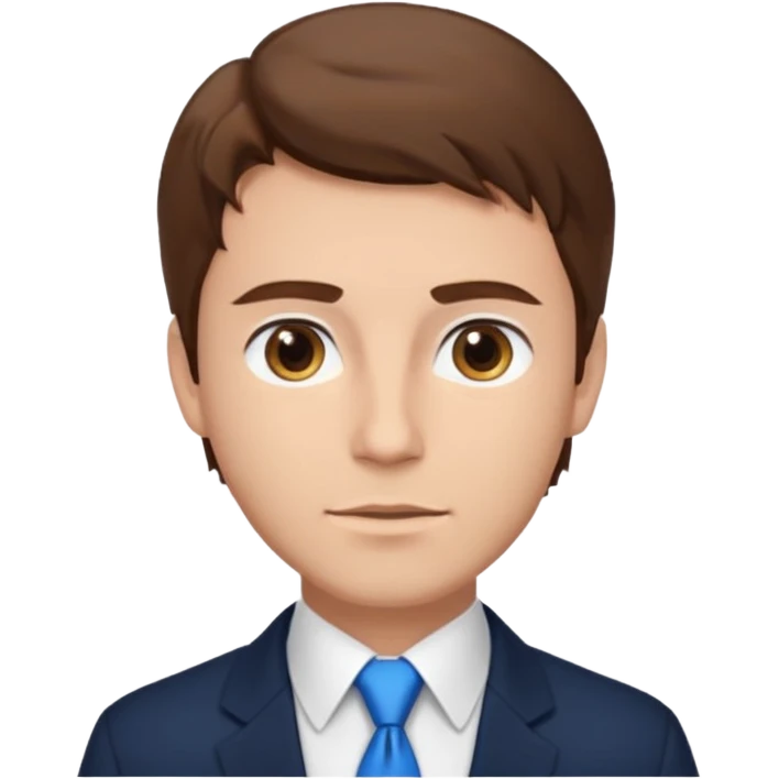 un homme type caucasien brun avec des jolies traits avec une chemise blanche et une veste a manche longues et cravate bleu il a les yeux marron emoji
