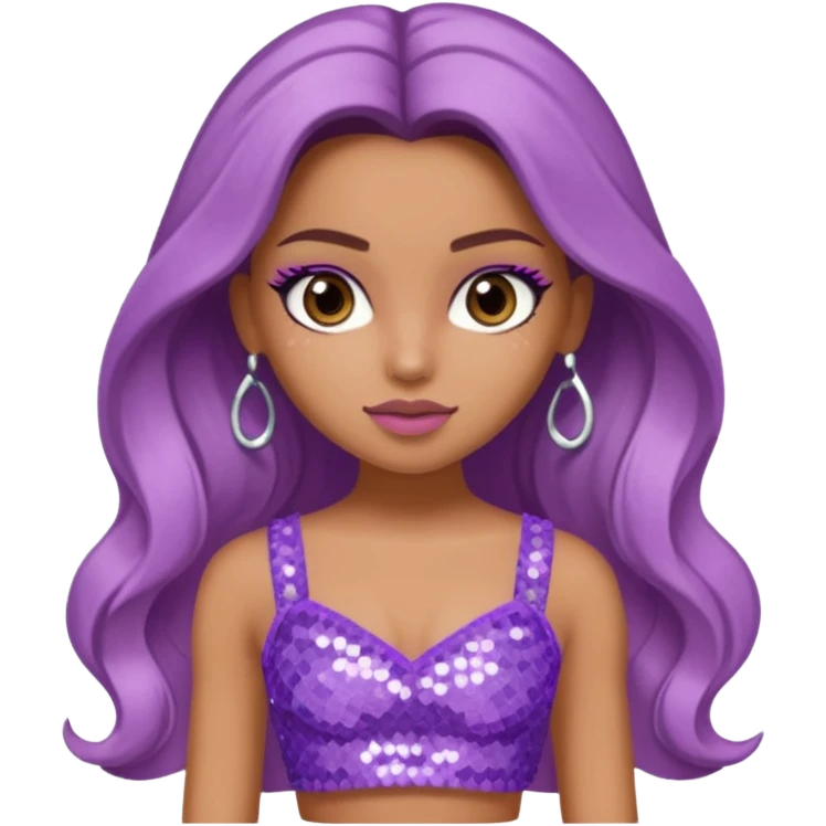 Yasmin from Bratz with long light brown hair, tan skin, brown eyes, lilac sequin crop top emoji