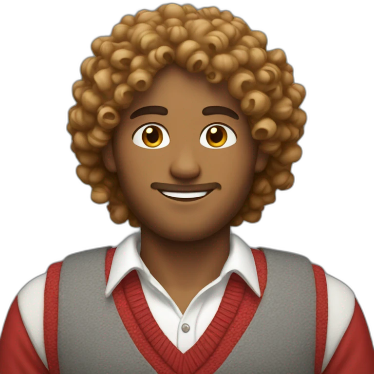 curly hair guy with a red and white sweater vest on him  emoji