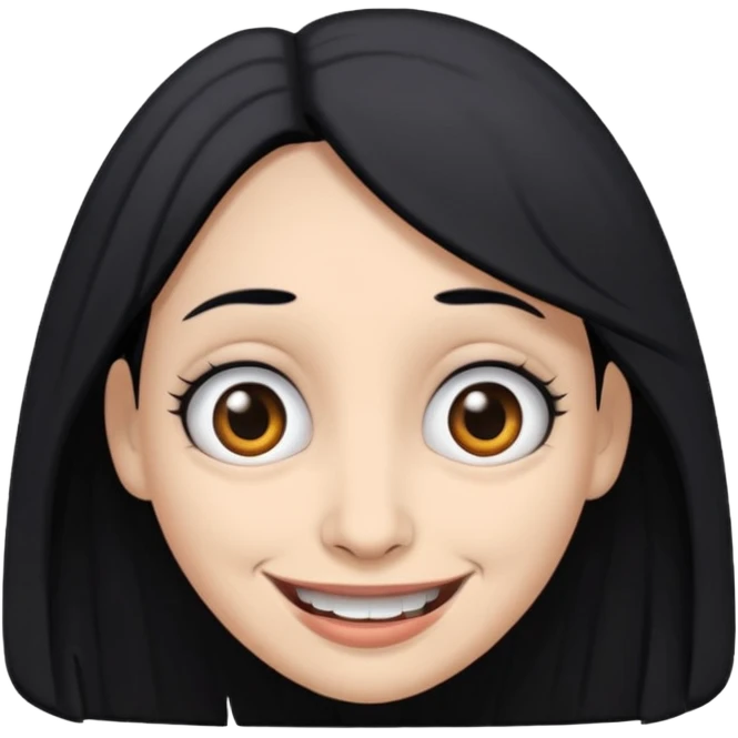 woman with gray skin and black hair and a creepy face with white eyes and a droopy smile emoji