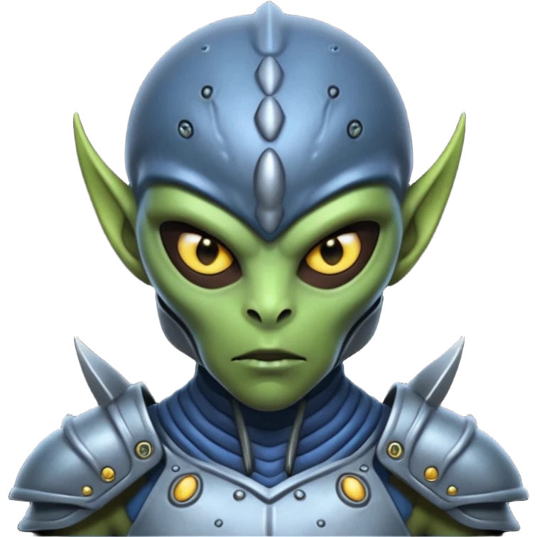 Portrait of a warrior alien with armored skin, glowing scars, sharp features, piercing eyes, and intense expression, front-facing emoji