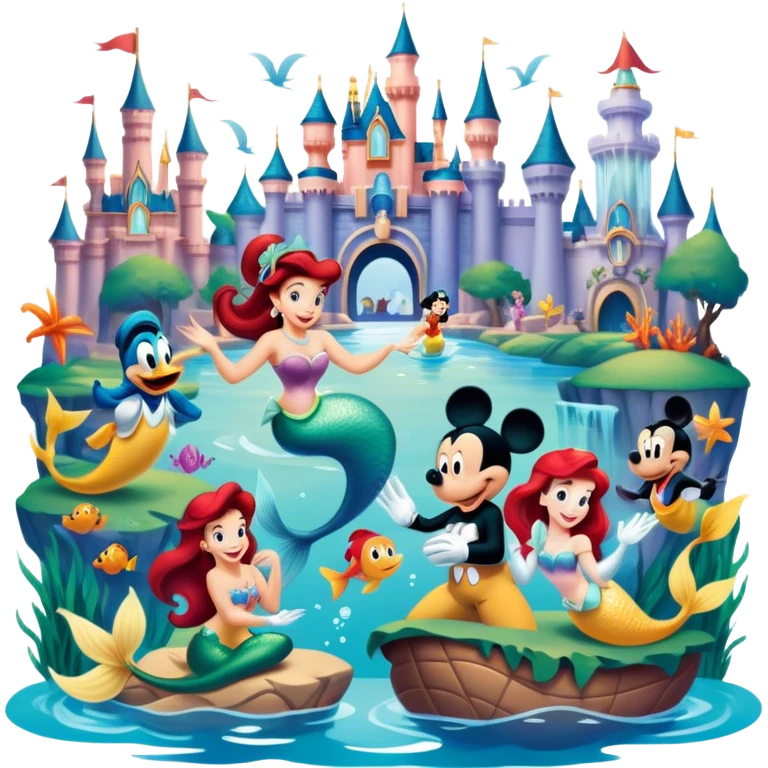 A vibrant collage featuring iconic characters like one Goofy, one Mickey Mouse, one Ariel the Little Mermaid, one Jasmine and one Franco. Each character should be large and bright, set against a cheerful and playful background with Disneyland. Transparent background. emoji