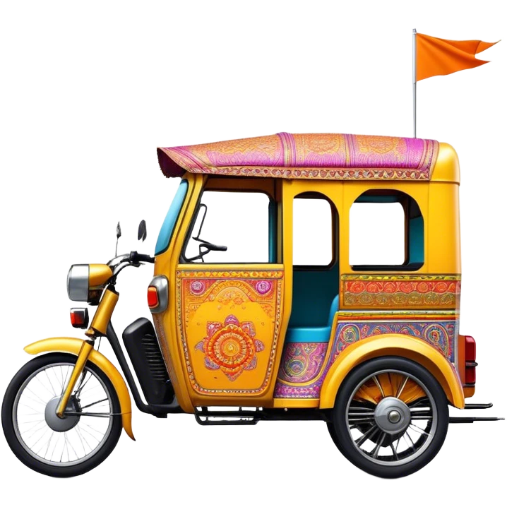 Cinematic Realistic Indian Auto Rickshaw Emoji, depicted as a colorful, bustling auto rickshaw with intricate designs and vibrant hues, rendered with lively textures and dynamic urban lighting that captures its quintessential presence in Indian cities. emoji