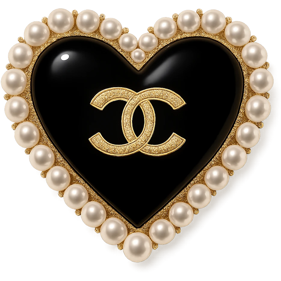  only the elegant heart with pearls and gold Chanel logo,  with no background. black pink,  emoji
