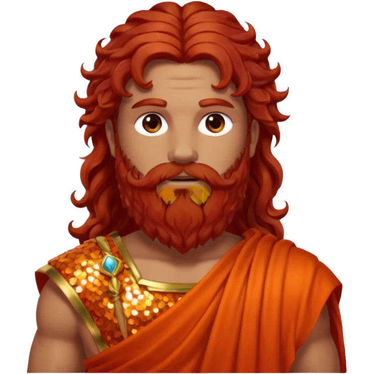 Eurus, God of Autumn Roman Deities with long dark red wavy hair and beard, orange-red sequin toga emoji