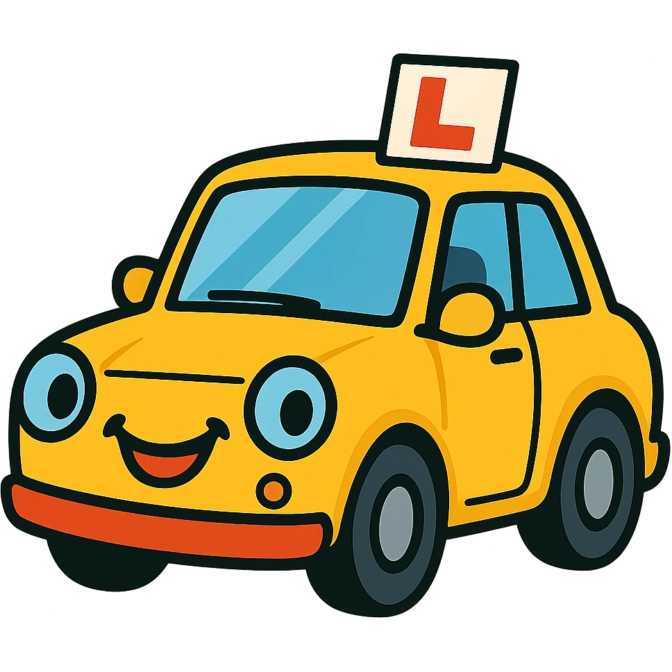 cartoon yellow car with L plate, cheerful style emoji