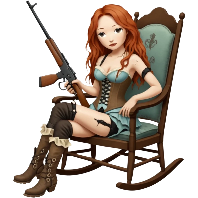 realistic cinematic Tori Amos sits on a rocking chair in a torn corset, holding an antique rifle and her bare feet are muddy. A white snake is wrapped around the chair. emoji