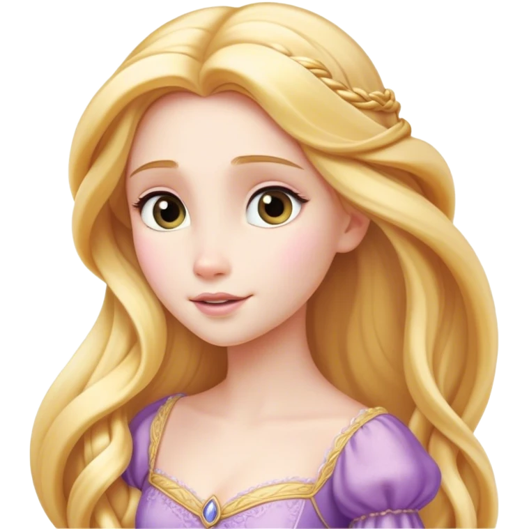 Cinematic Timeless Rapunzel Portrait Emoji, rendered in a clean, vector style. Depict Rapunzel with porcelain skin, beautifully styled long golden hair, and a serene, graceful expression, dressed in her classic gown. The design features bold, clean lines, a soft, magical glow, and a subtle glowing outline that captures her timeless, fairy-tale beauty. emoji