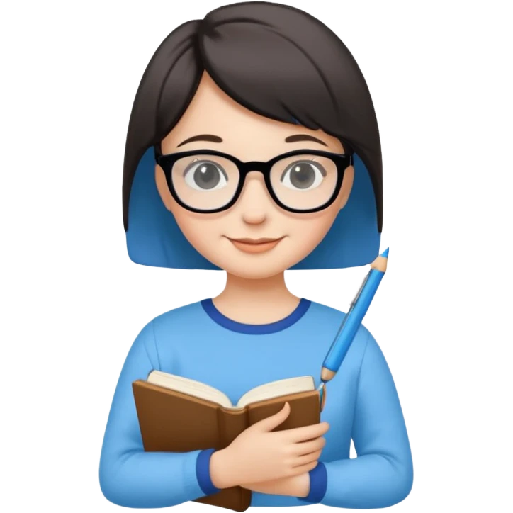 A smart and cute girl with short hair, wearing sky blue clothes,
I hold a book in one arm. There is a pen in the book.
He is wearing black-rimmed glasses and smiling brightly. emoji
