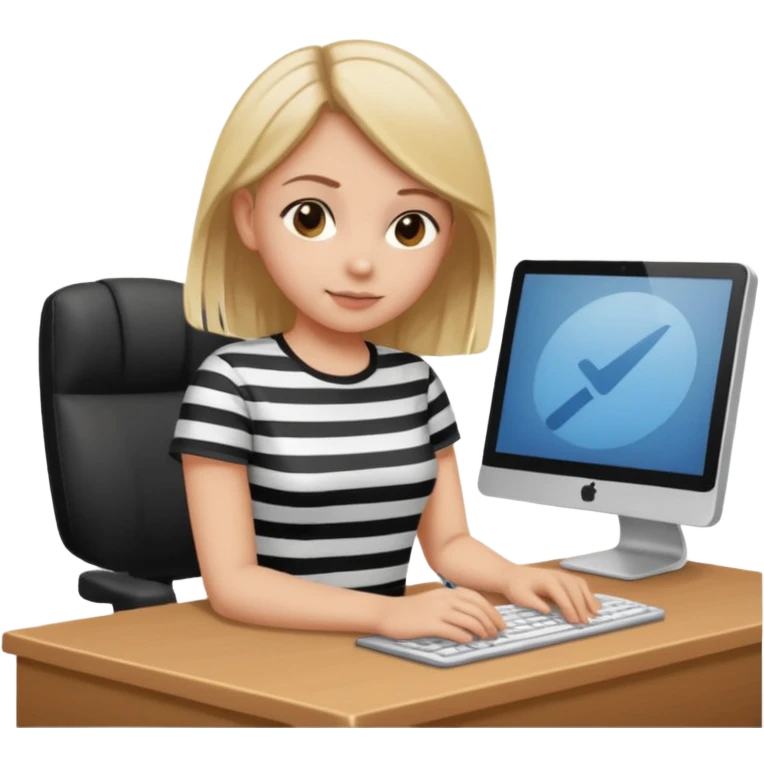A girl in stripe t shirt working in front of the computer  emoji