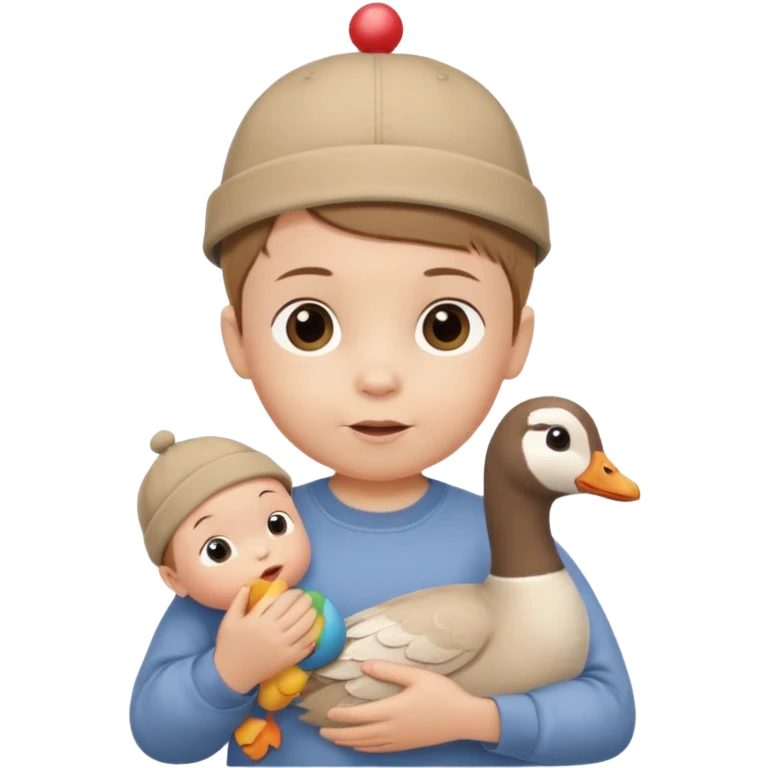 White-skinned baby, brown short hair, in a cap on his head, in a beige shirt, birthday, holding a goose toy in his hands emoji