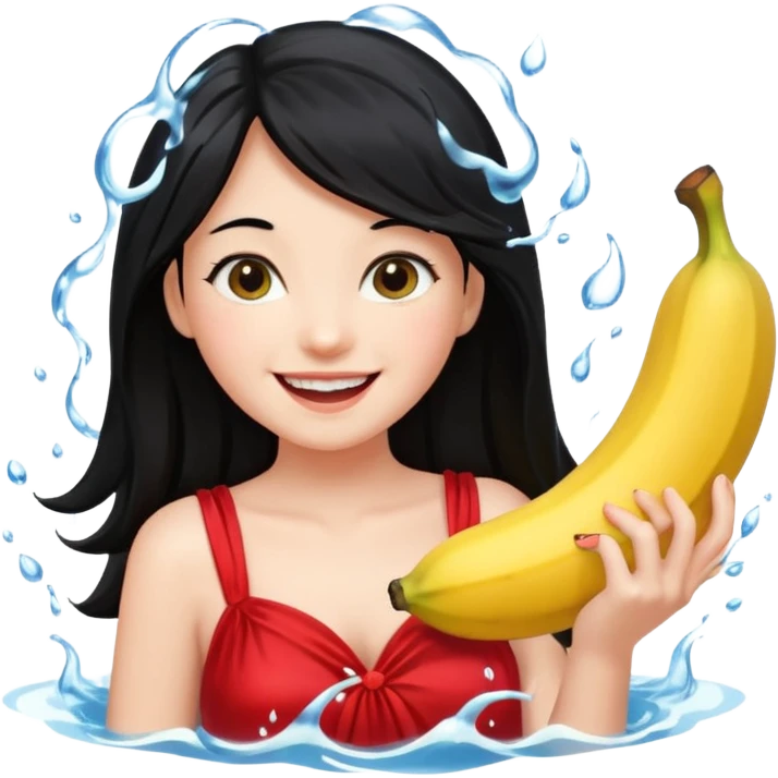 a water splashing banana above a girl with black hair and red dress emoji