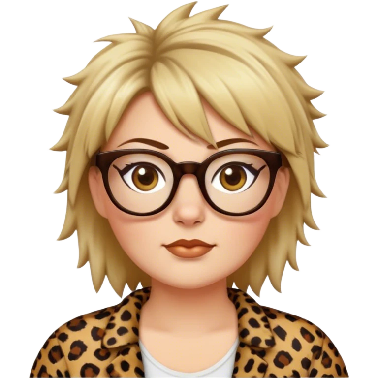  plus size white women dressed in leopard with short medium brown and blonde shaggy spiked hair wearing glasses with hazel color eyes and wide flat nose emoji