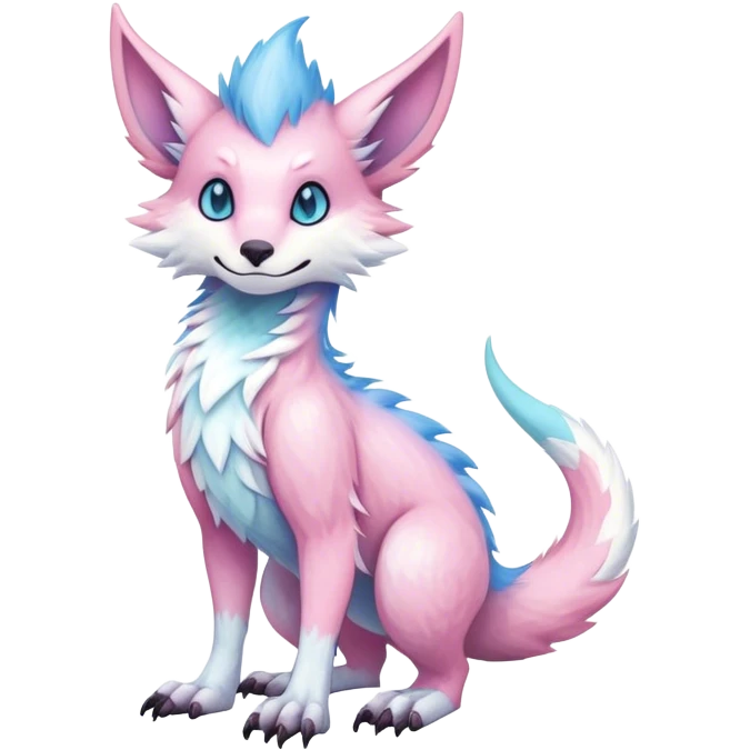 Feral Rare Fantasy cute adorable edgy pastel pink light-blue white iridescent Vernid-Sergal-hybrid by LiLaiRa, markings, tufted ears, full body emoji