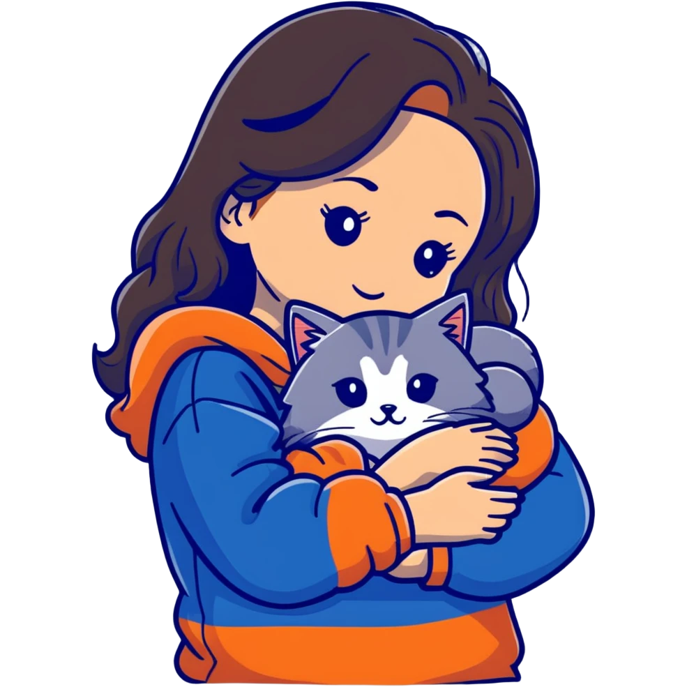 Brunette girl with dark blue sweatshirt snuggling a fluffy grey Siberian cat emoji