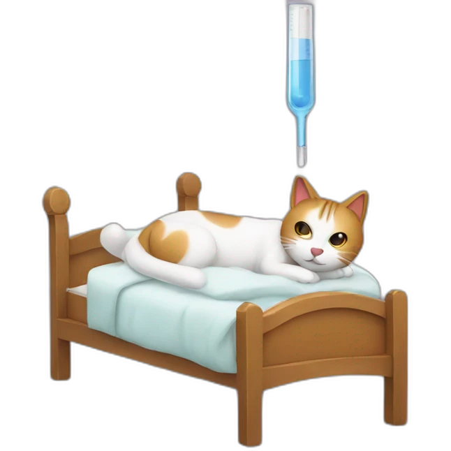 ill cat in bed with fever thermometer emoji